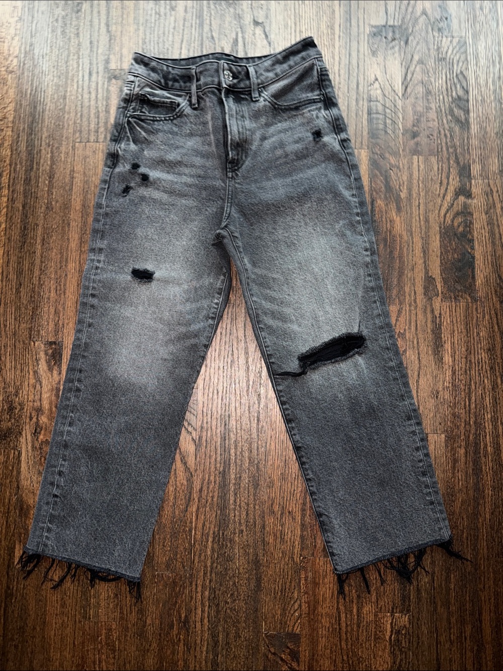 Express Washed Black Cropped Distressed Straight Ankle High Rise Jeans